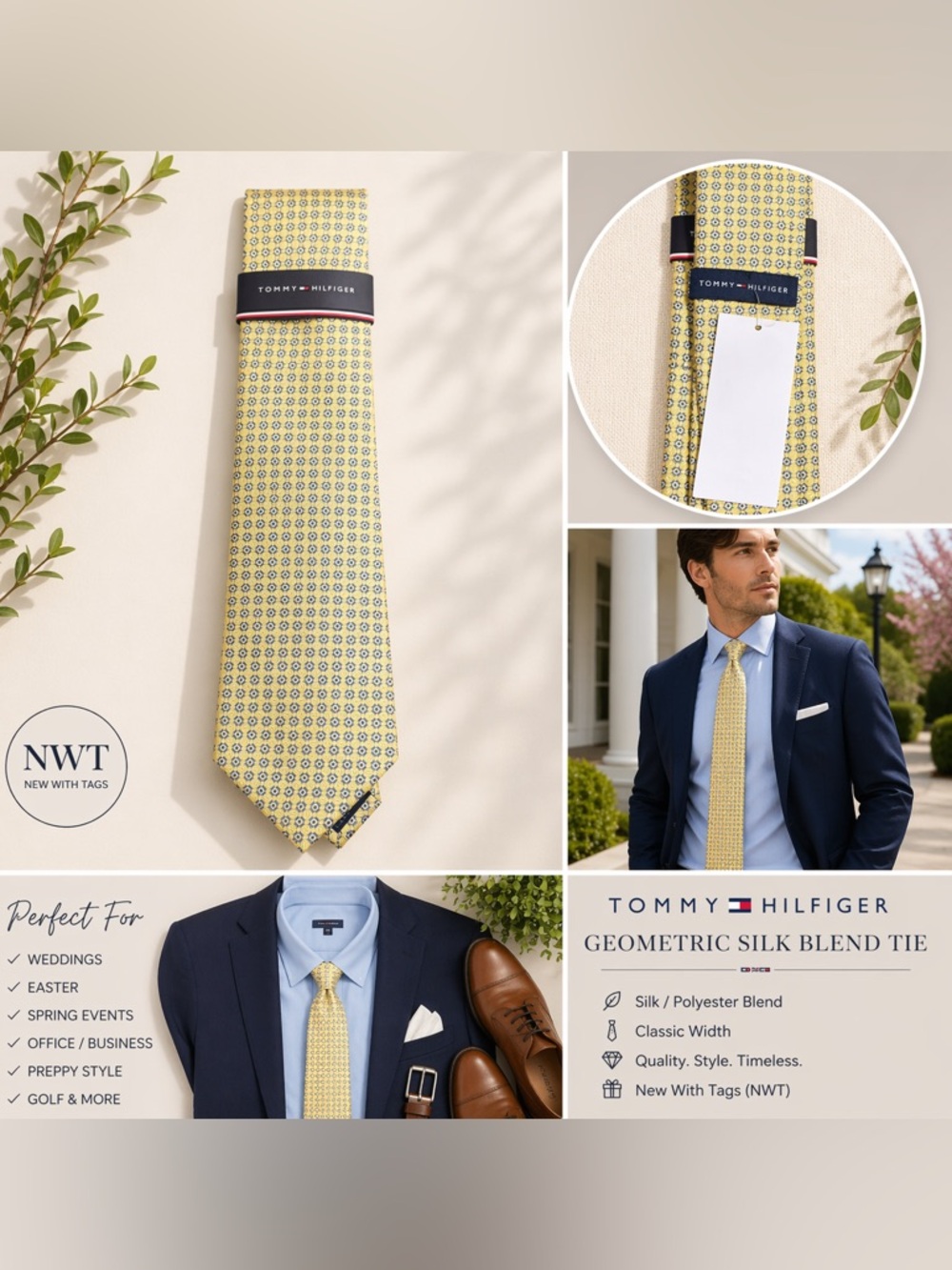 NWT Tommy Hilfiger Yellow Navy Geometric Silk-Blend Tie